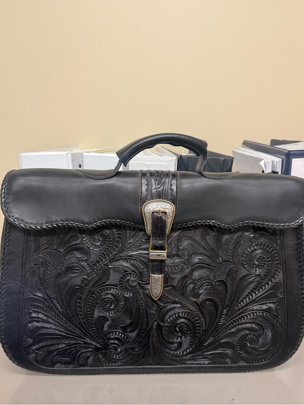 Hand-Tooled Black Leather Briefcase with Buckle Accent custom made no tags